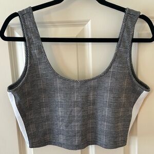 Glen Plaid Crop Tank with Rounded Neckline and Side Racer Stripe.